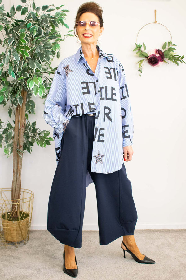 Sabrina Pinstripe Letter Shirt with Leopard Heart
