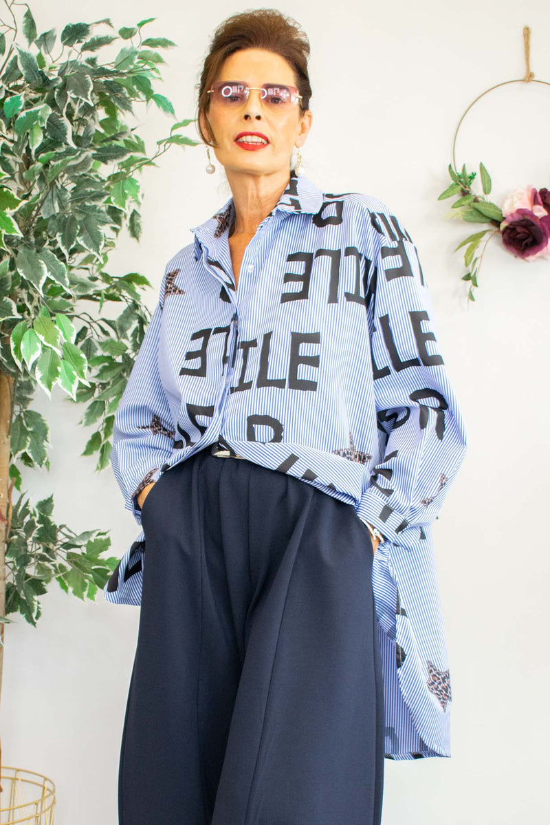Sabrina Pinstripe Letter Shirt with Leopard Heart