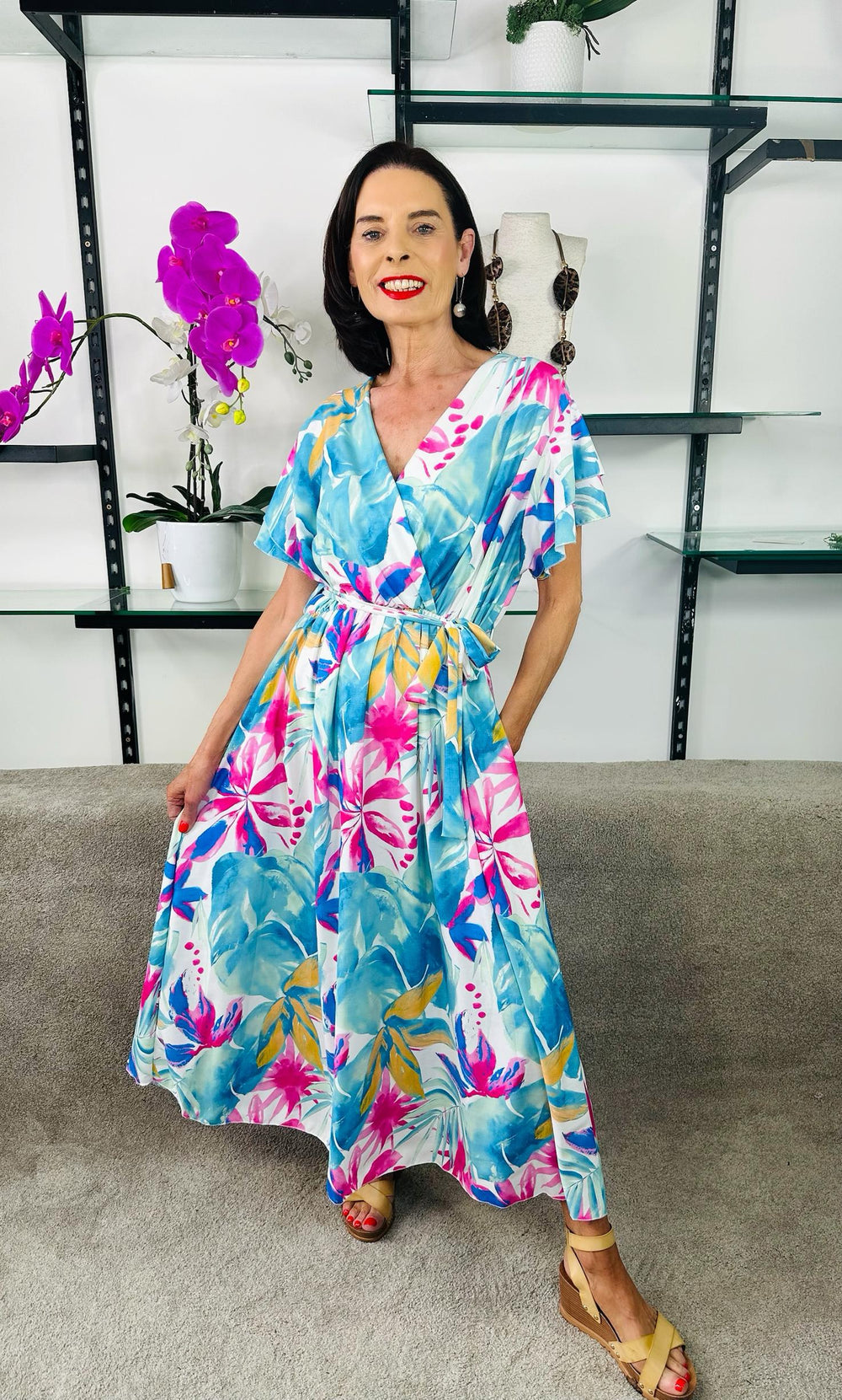 Bella Dress in Aqua and pink