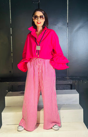 Travis Linen Trousers in Fuchsia and white
