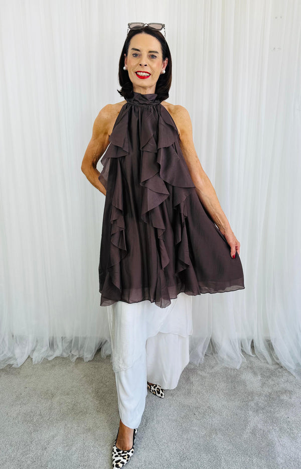Sadie Ruffle Top/Dress in chocolate