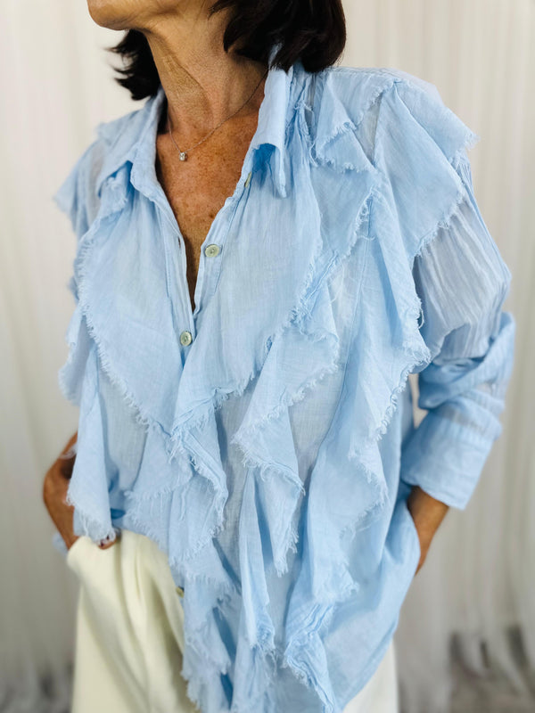 Calipso Ruffle Shirt in baby blue