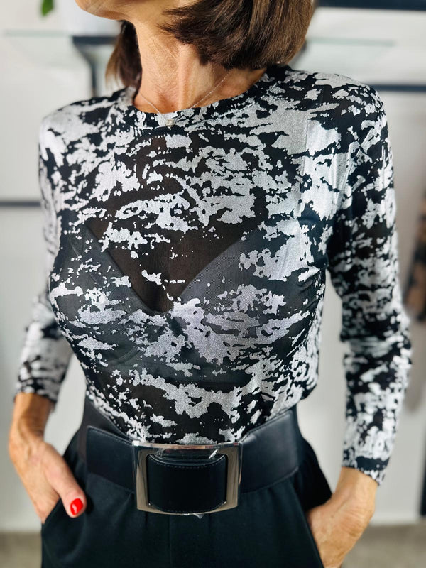 Rae Mesh Top in black and silver