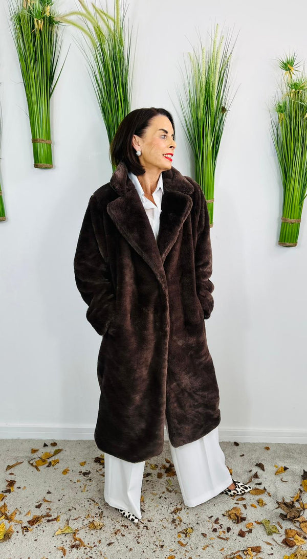 long faux fur coat in chocolate