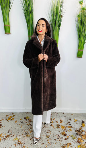 long faux fur coat in chocolate