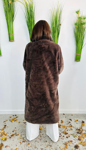 long faux fur coat in chocolate