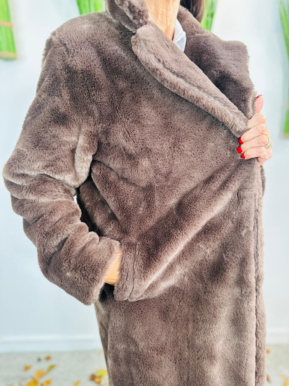 long faux fur coat in chocolate