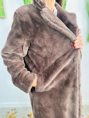 long faux fur coat in chocolate