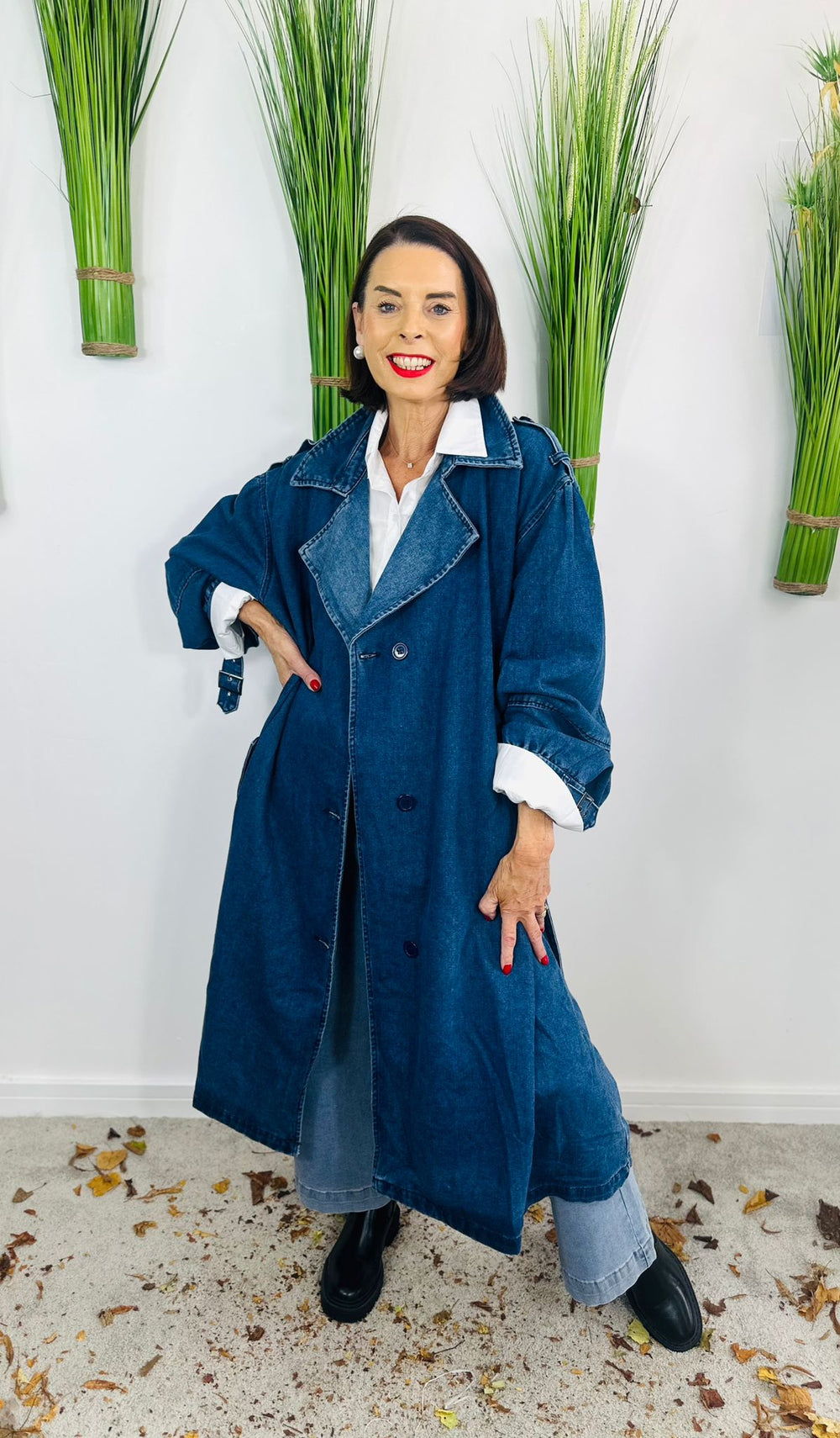 Barbra dark wash denim trench coat