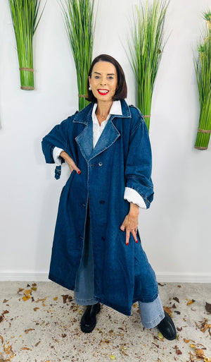 Barbra dark wash denim trench coat