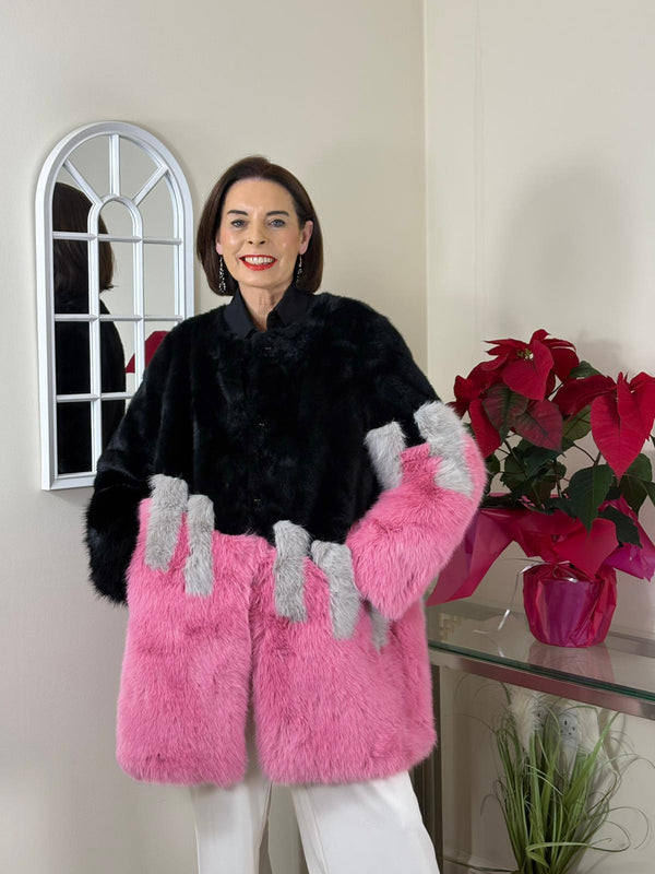 Christina faux fur jacket in black, baby pink and grey