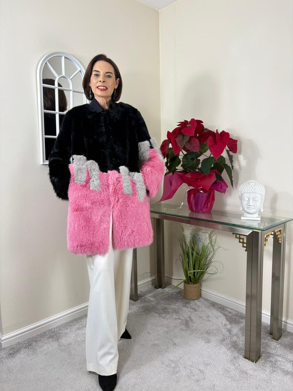 Christina faux fur jacket in black, baby pink and grey