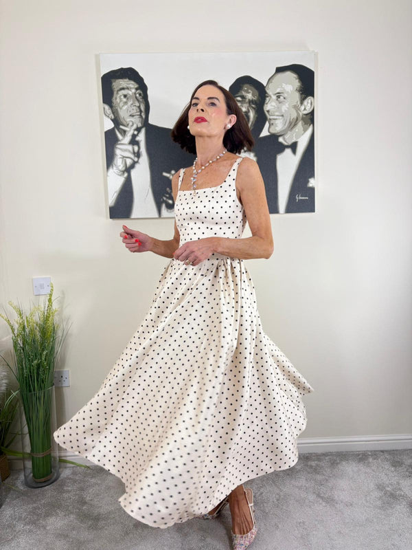 Francesca Dress in beige and black polka dots