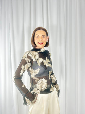 Anastasia 3D flower mesh top in black