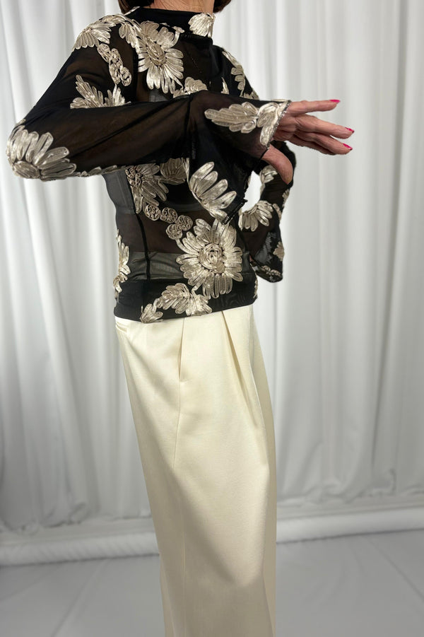 Anastasia 3D flower mesh top in black