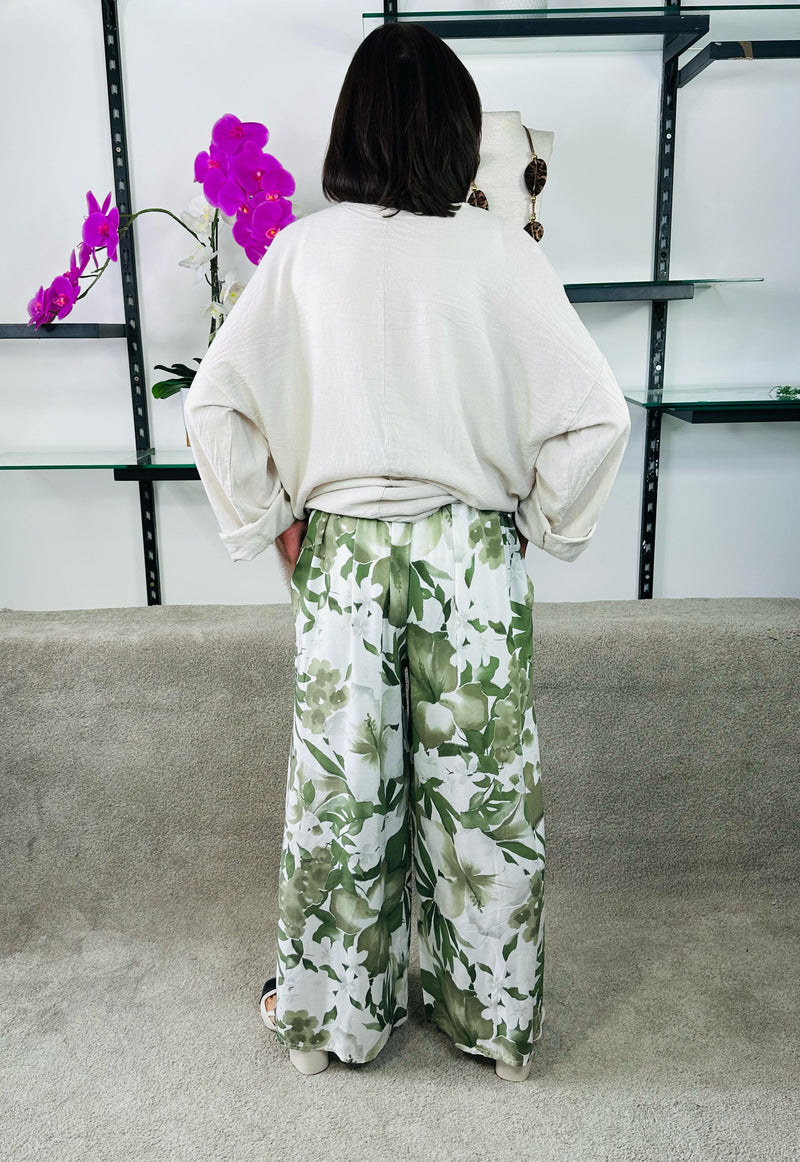 Ruby Woo Plazzo Trousers in sage and white