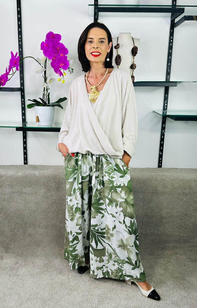 Ruby Woo Plazzo Trousers in sage and white