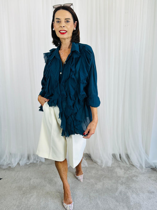 Calipso Ruffle Shirt in navy