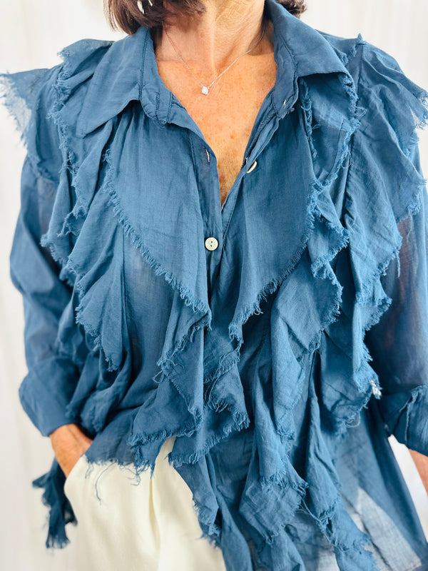 Calipso Ruffle Shirt in navy