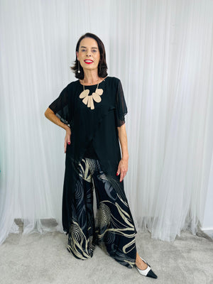 Flora Silky Plazzo Trousers in black and Beige