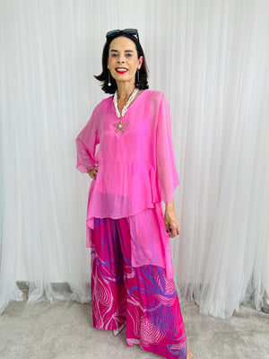Flora Silky Palazzo Trousers in pink and lilac