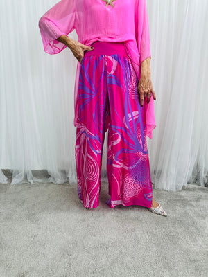 Flora Silky Palazzo Trousers in pink and lilac