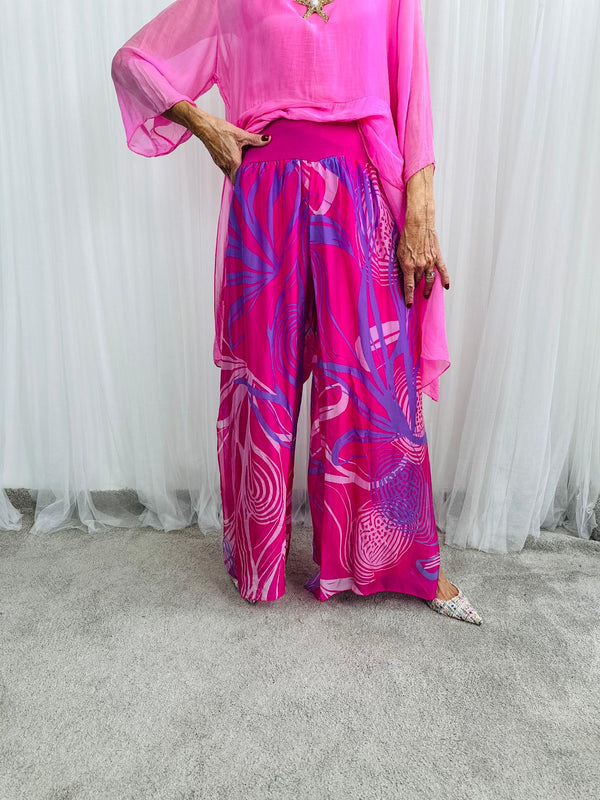 Flora Silky Palazzo Trousers in pink and lilac
