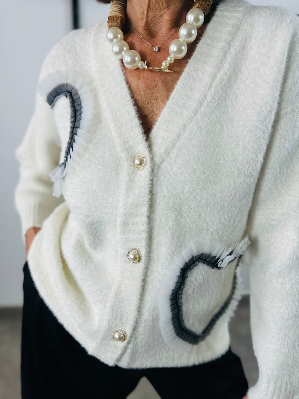 Pearl heart cardigan top in ecru