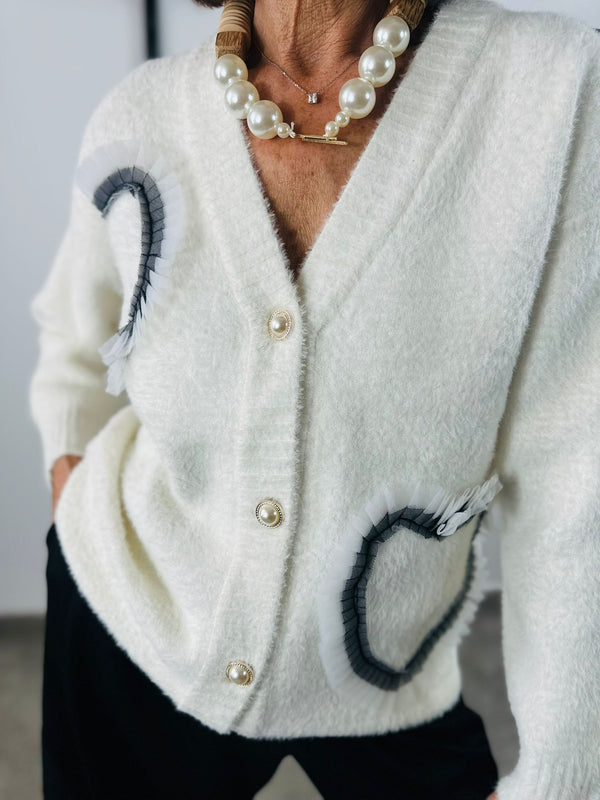 Pearl heart cardigan top in ecru