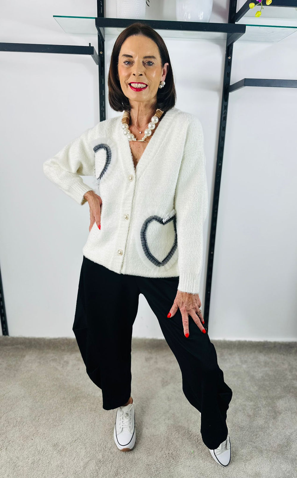 Pearl heart cardigan top in ecru