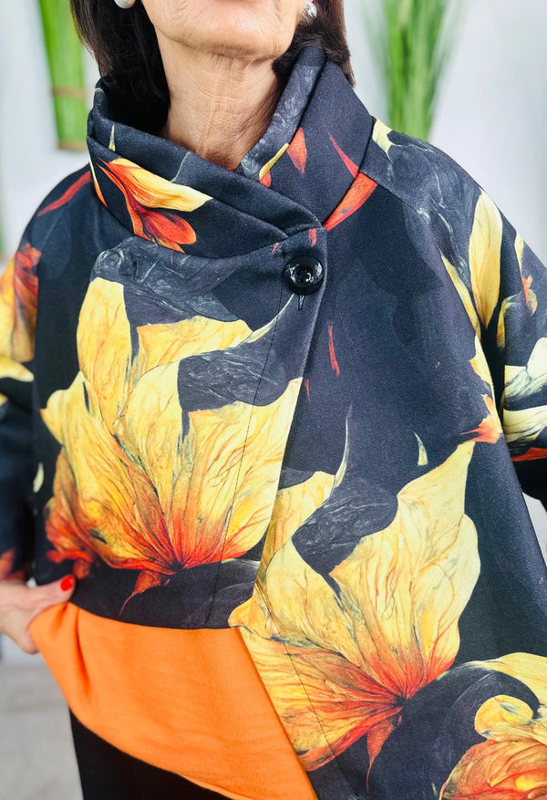 New york pulse asymetric jacket in black and orange