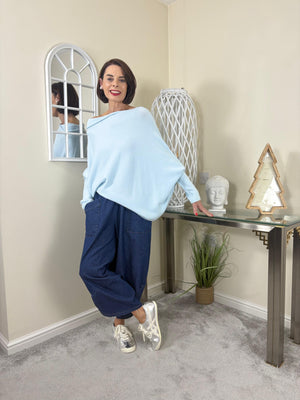 Giana asymmetric slouchy fine knit baby blue