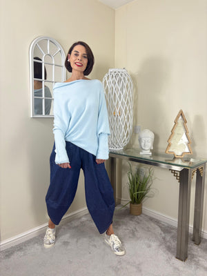 Giana asymmetric slouchy fine knit baby blue