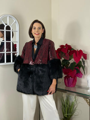 Erabella faux fur sequin jacket in mulberry