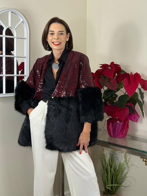 Erabella faux fur sequin jacket in mulberry