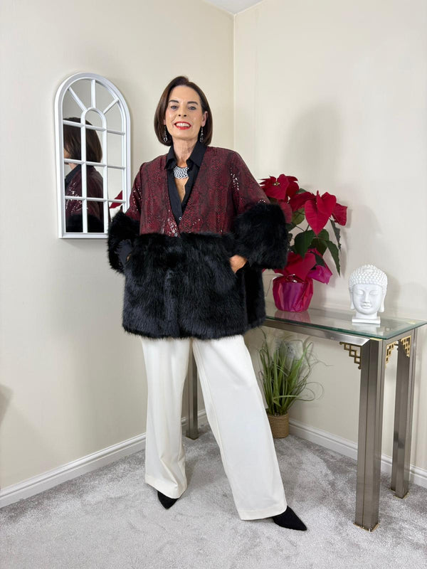 Erabella faux fur sequin jacket in mulberry