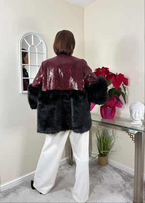 Erabella faux fur sequin jacket in mulberry