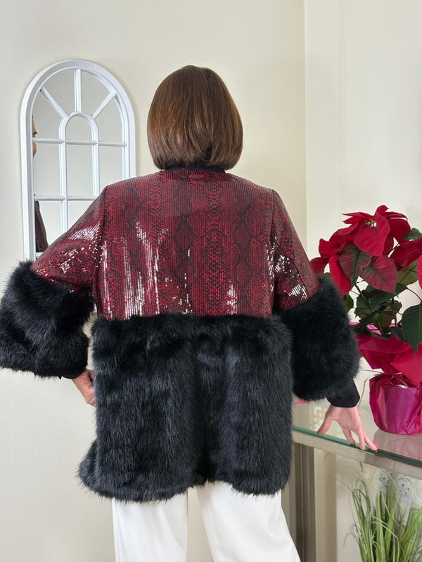 Erabella faux fur sequin jacket in mulberry