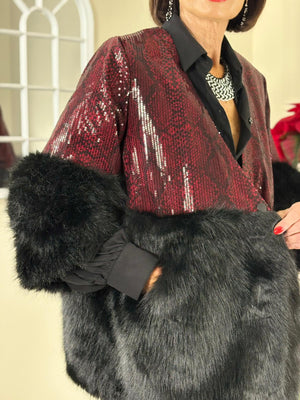 Erabella faux fur sequin jacket in mulberry