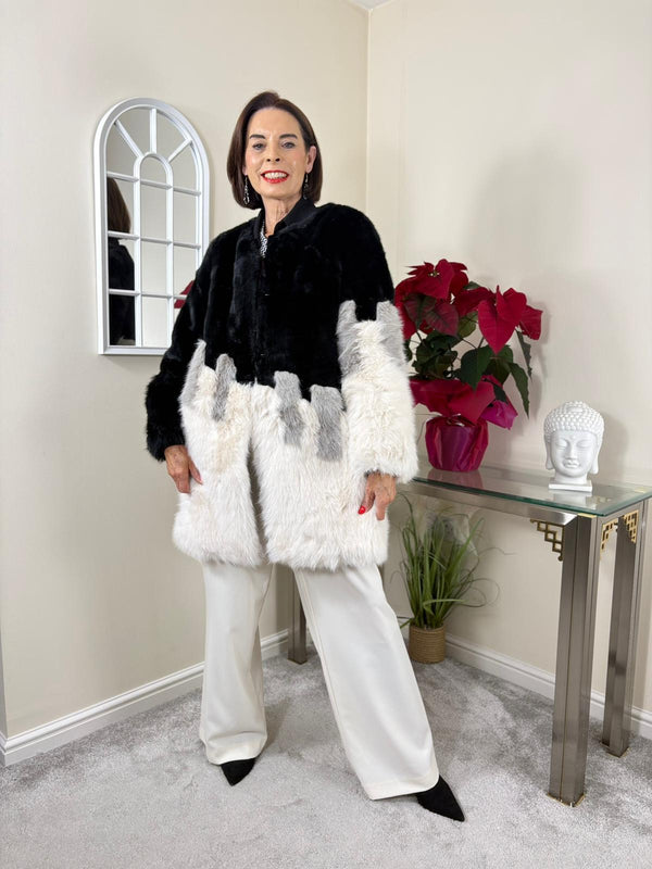 Christina faux fur jacket in black, beige and grey