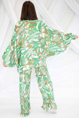 Alaina Abstract Print Batwing Suit in Green and Orange