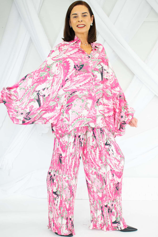 Alaina Abstract Print Batwing Suit in Fuchsia and Green