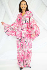 Alaina Abstract Print Batwing Suit in Fuchsia and Green