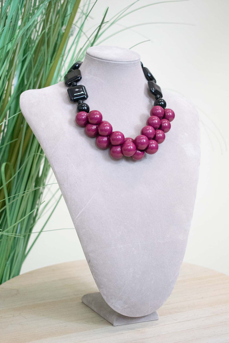 Statement Wooden Bead Necklace in Berry