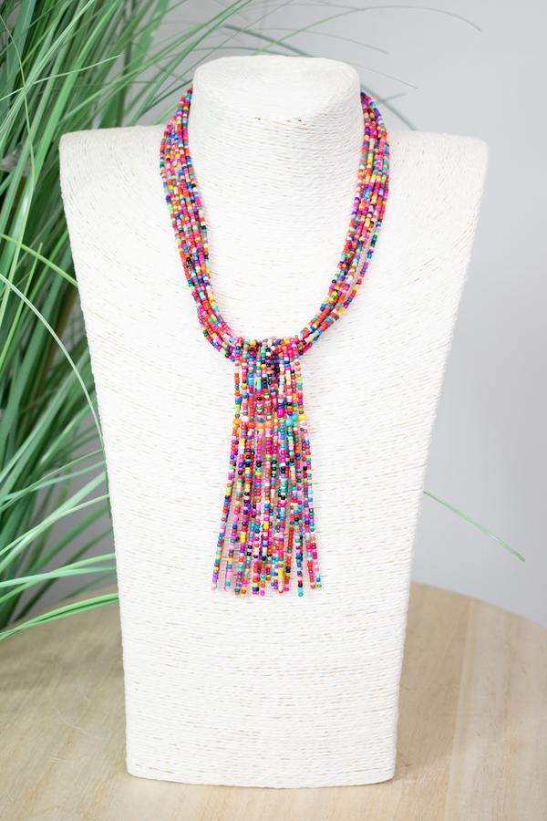 Layered Bead Tassle Necklace in Multi-Colour