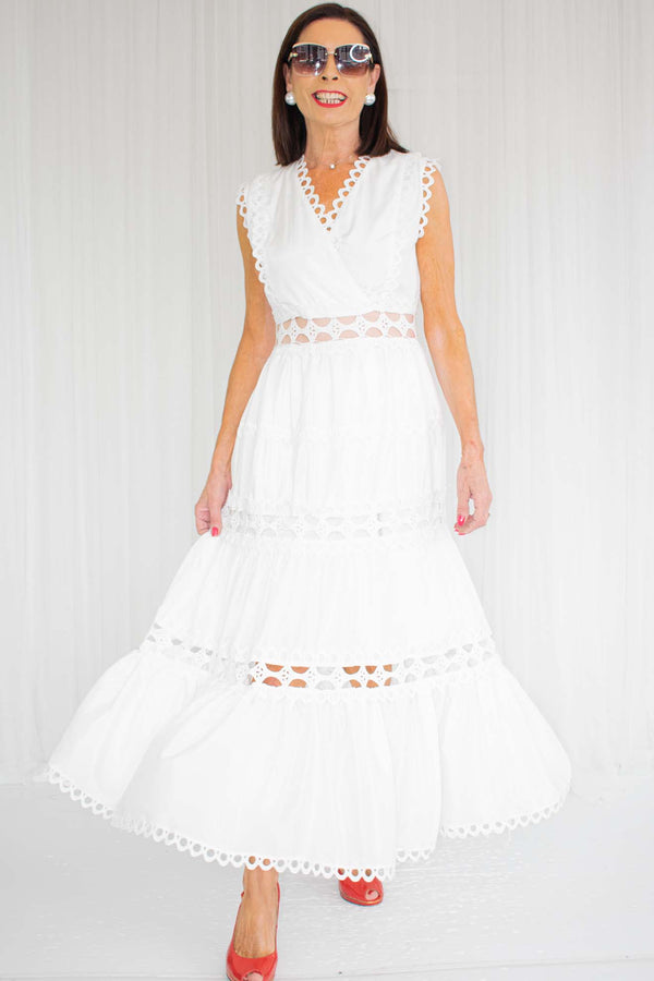 Selema Scalloped V Neckline Lace Dress in White