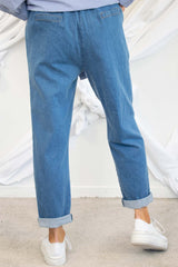 Belted Paper-bag Denim Trouser in Prewash Blue