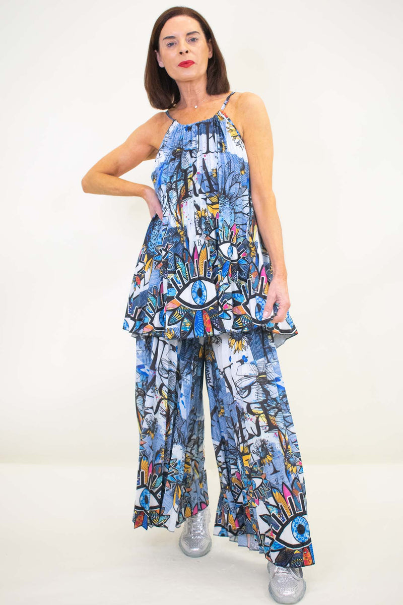 Senorita Pleat Suit in Blue Abstract Eye Print