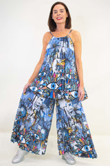 Senorita Pleat Suit in Blue Abstract Eye Print