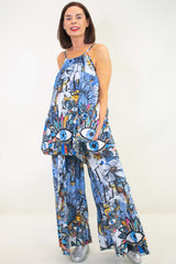 Senorita Pleat Suit in Blue Abstract Eye Print